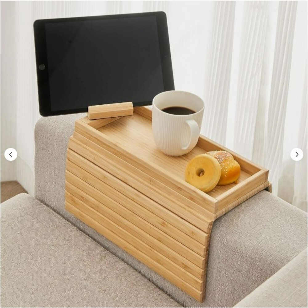 Bamboo Sofa Arm Tray with 360 Rotating Phone Holder, Foldable Armrest Tray Clip